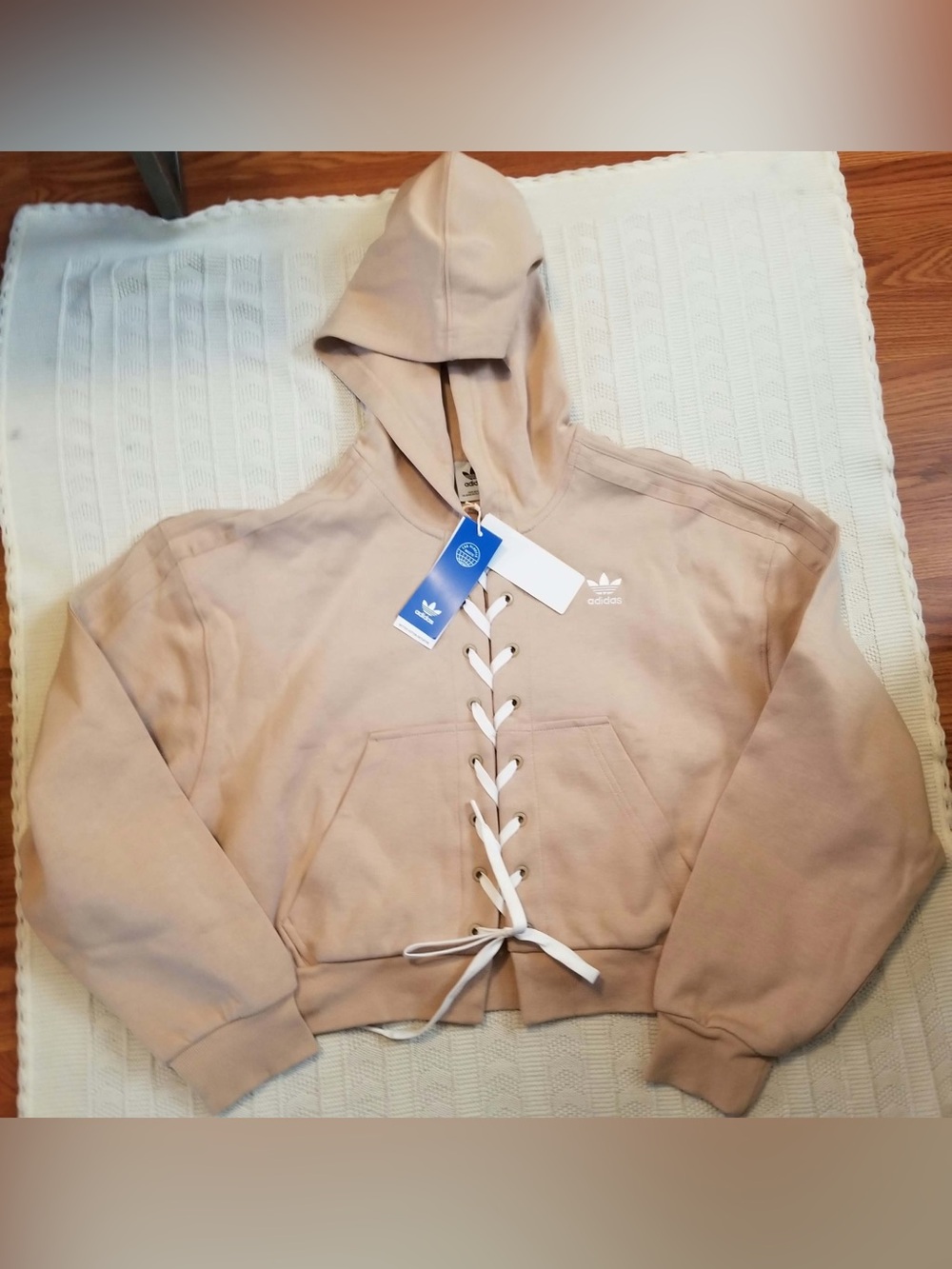 adidas Beige Lace-Up Cropped Teddy Hoodie Jacket